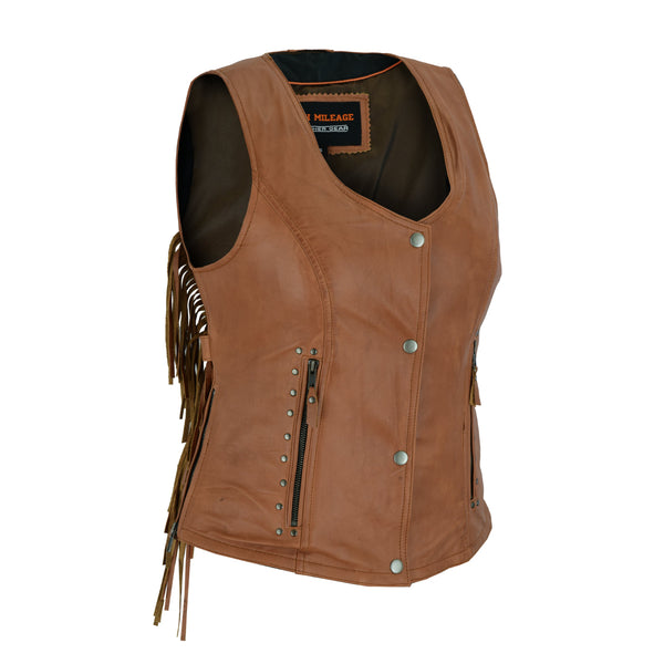 Roxy Ladies Premium Brown Leather Vest with Fringes and Rivets