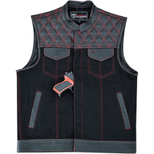 Men's Denim & Leather Motorcycle Vest with Conceal Carry Pockets and Red Stitching.