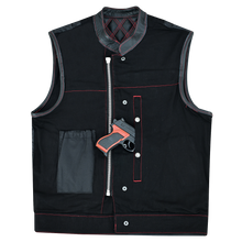 Men's Denim & Leather Motorcycle Vest with Conceal Carry Pockets and Red Stitching.