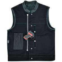 Men's Denim & Leather Motorcycle Vest with Conceal Carry Pockets and Green Stitching.