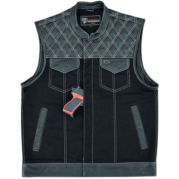 Men's Denim & Leather Motorcycle Vest with Conceal Carry Pockets and White Stitching