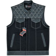 Men's Denim & Leather Motorcycle Vest with Conceal Carry Pockets and White Stitching