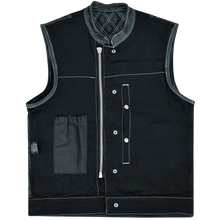 Men's Denim & Leather Motorcycle Vest with Conceal Carry Pockets and White Stitching