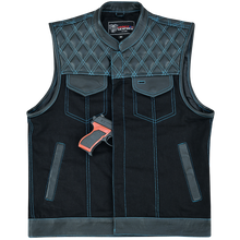 Men's Denim & Leather Motorcycle Vest with Conceal Carry Pockets and Blue Stitching