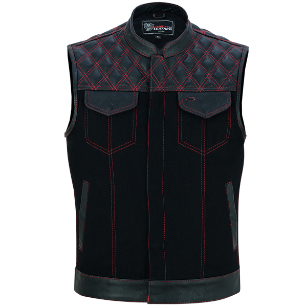 Men's Denim & Leather Motorcycle Vest with Conceal Carry Pockets and Red Stitching.