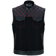 Men's Denim & Leather Motorcycle Vest with Conceal Carry Pockets and Red Stitching.