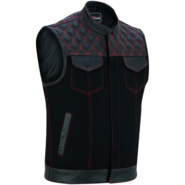 Men's Denim & Leather Motorcycle Vest with Conceal Carry Pockets and Red Stitching.