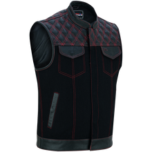 Men's Denim & Leather Motorcycle Vest with Conceal Carry Pockets and Red Stitching.