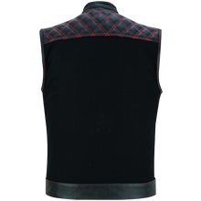 Men's Denim & Leather Motorcycle Vest with Conceal Carry Pockets and Red Stitching.