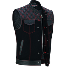 Men's Denim & Leather Motorcycle Vest with Conceal Carry Pockets and Red Stitching.