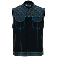 Men's Denim & Leather Motorcycle Vest with Conceal Carry Pockets and Blue Stitching