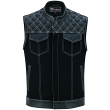 Men's Denim & Leather Motorcycle Vest with Conceal Carry Pockets and White Stitching