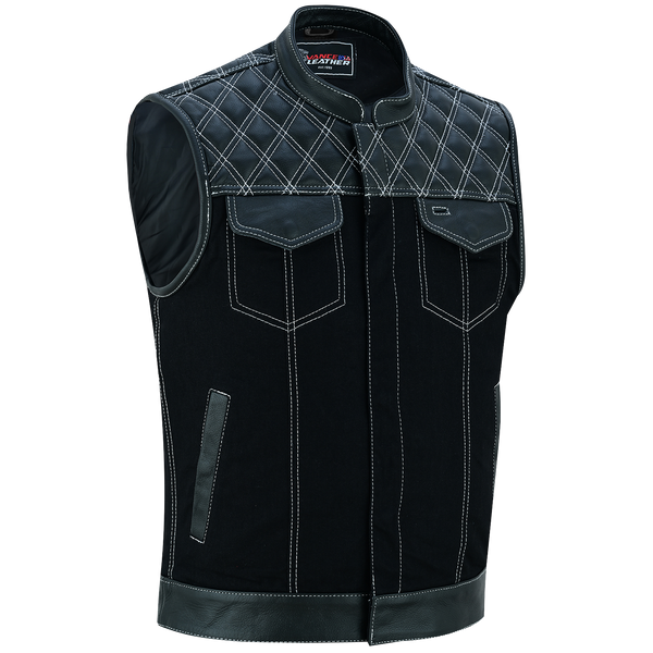 Men's Denim & Leather Motorcycle Vest with Conceal Carry Pockets and White Stitching