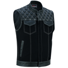 Men's Denim & Leather Motorcycle Vest with Conceal Carry Pockets and White Stitching