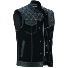 Men's Denim & Leather Motorcycle Vest with Conceal Carry Pockets and White Stitching