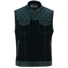 Men's Denim & Leather Motorcycle Vest with Conceal Carry Pockets and Green Stitching.