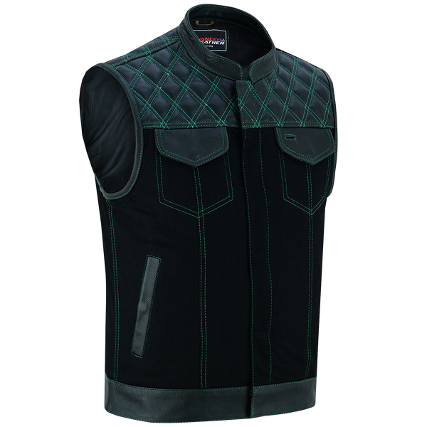 Men's Denim & Leather Motorcycle Vest with Conceal Carry Pockets and Green Stitching.