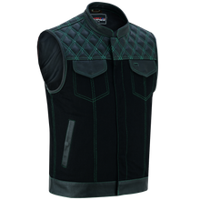 Men's Denim & Leather Motorcycle Vest with Conceal Carry Pockets and Green Stitching.