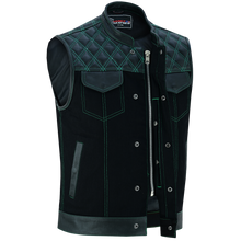 Men's Denim & Leather Motorcycle Vest with Conceal Carry Pockets and Green Stitching.