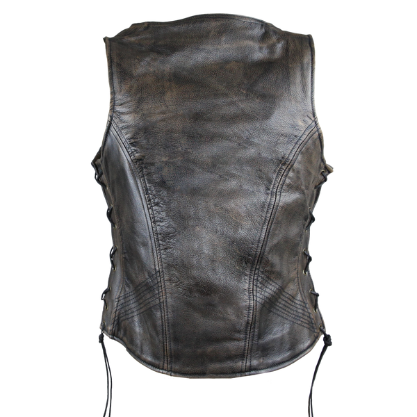 Women's Vintage Distressed Brown Lace Side Zipper Pocket Premium Cowhide Leather Motorcycle Vest