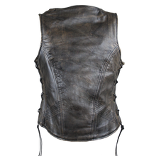 Women's Vintage Distressed Brown Lace Side Zipper Pocket Premium Cowhide Leather Motorcycle Vest