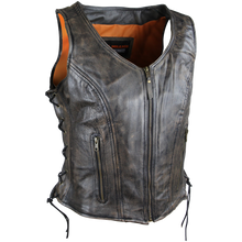 Women's Vintage Distressed Brown Lace Side Zipper Pocket Premium Cowhide Leather Motorcycle Vest