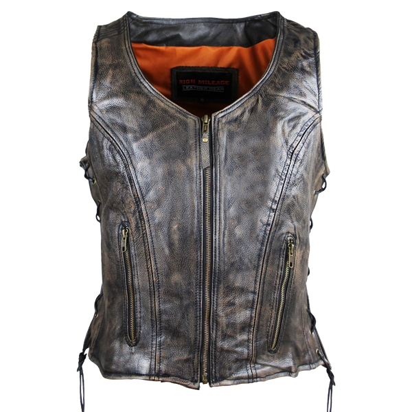 Women's Vintage Distressed Brown Lace Side Zipper Pocket Premium Cowhide Leather Motorcycle Vest