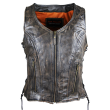 Women's Vintage Distressed Brown Lace Side Zipper Pocket Premium Cowhide Leather Motorcycle Vest