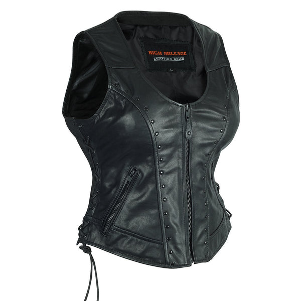 Womens Lady Biker Leather Motorcycle Vest With Studs