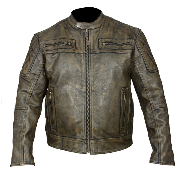 Men's Distressed Brown Premium Cowhide Vented and Padded Biker Scooter Jacket