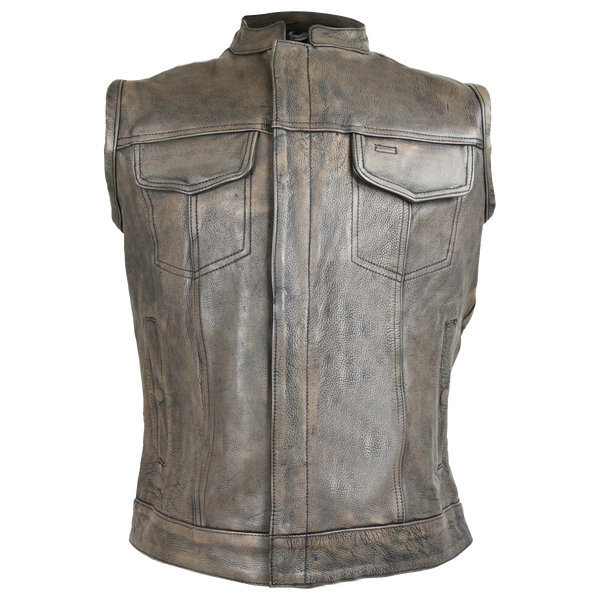 Mens Premium Cowhide Distressed Brown SOA Style Biker Club Leather Motorcycle Vest