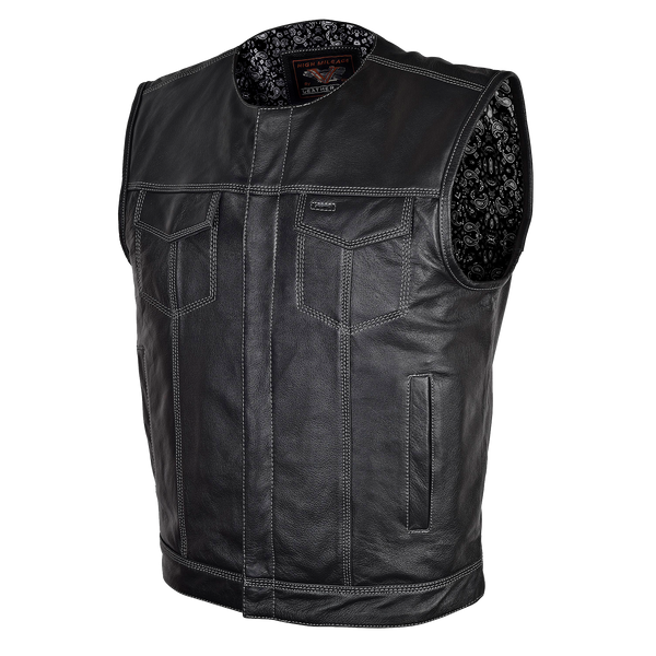 Mens Black Paisley Design Liner Premium Cowhide Leather SOA Style Club Vest With Quick Access Conceal Carry Pocket