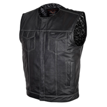 Mens Black Paisley Design Liner Premium Cowhide Leather SOA Style Club Vest With Quick Access Conceal Carry Pocket