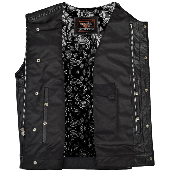 Mens Black Paisley Design Liner Premium Cowhide Leather SOA Style Club Vest With Quick Access Conceal Carry Pocket