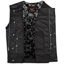 Mens Black Paisley Design Liner Premium Cowhide Leather SOA Style Club Vest With Quick Access Conceal Carry Pocket