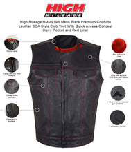 Men's Black Premium Cowhide Leather SOA Style Club Vest With Quick Access Conceal Carry Pocket and Red Liner