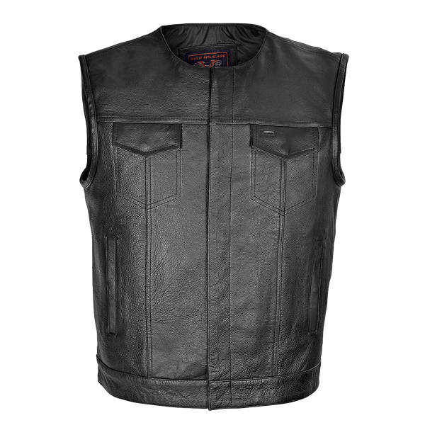 Men's Zipper and Snap Closure Leather Motorcycle Club Vest Quick Access Gun Pocket