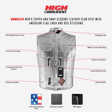 HMM924R High Mileage Men's Zipper and Snap Closure Leather Club Vest with American Flag Liner and Red Stitching infographic