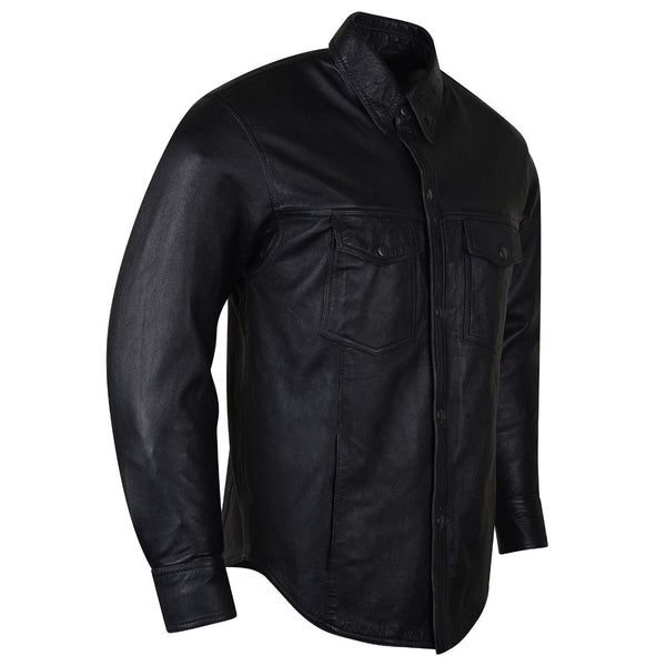 Mens Concealed Carry Black Premium Cowhide Biker Motorcycle Leather Shirt