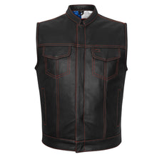 Men's Zipper and Snap Closure Collarless Leather Club Vest with American Flag Liner and Red Stitching