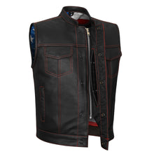 Men's Zipper and Snap Closure Collarless Leather Club Vest with American Flag Liner and Red Stitching