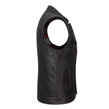 Men's Zipper and Snap Closure Collarless Leather Club Vest with American Flag Liner and Red Stitching