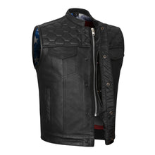 Mens Zipper and Snap Closure Leather Club Vest with Quick Access & American Flag Liner