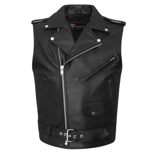 Men's Premium Leather Classic Motorcycle Vest Plain Side & Belted Waist