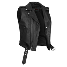 Men's Premium Leather Classic Motorcycle Vest Plain Side & Belted Waist