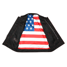 Men's Zipper and Snap Closure Collarless Leather Club Vest with American Flag Liner and Red Stitching