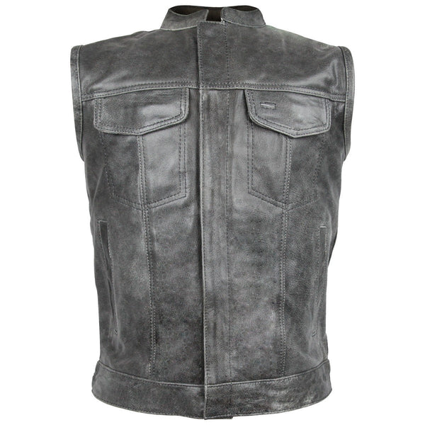 Mens Premium Cowhide Distressed Gray SOA Style Biker Club Leather Motorcycle Vest