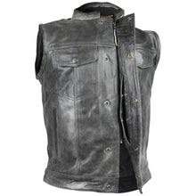 Mens Premium Cowhide Distressed Gray SOA Style Biker Club Leather Motorcycle Vest