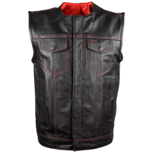 Men's Black Premium Cowhide Leather SOA Style Club Vest With Quick Access Conceal Carry Pocket and Red Liner