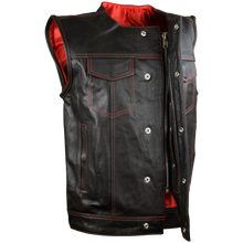 Men's Black Premium Cowhide Leather SOA Style Club Vest With Quick Access Conceal Carry Pocket and Red Liner